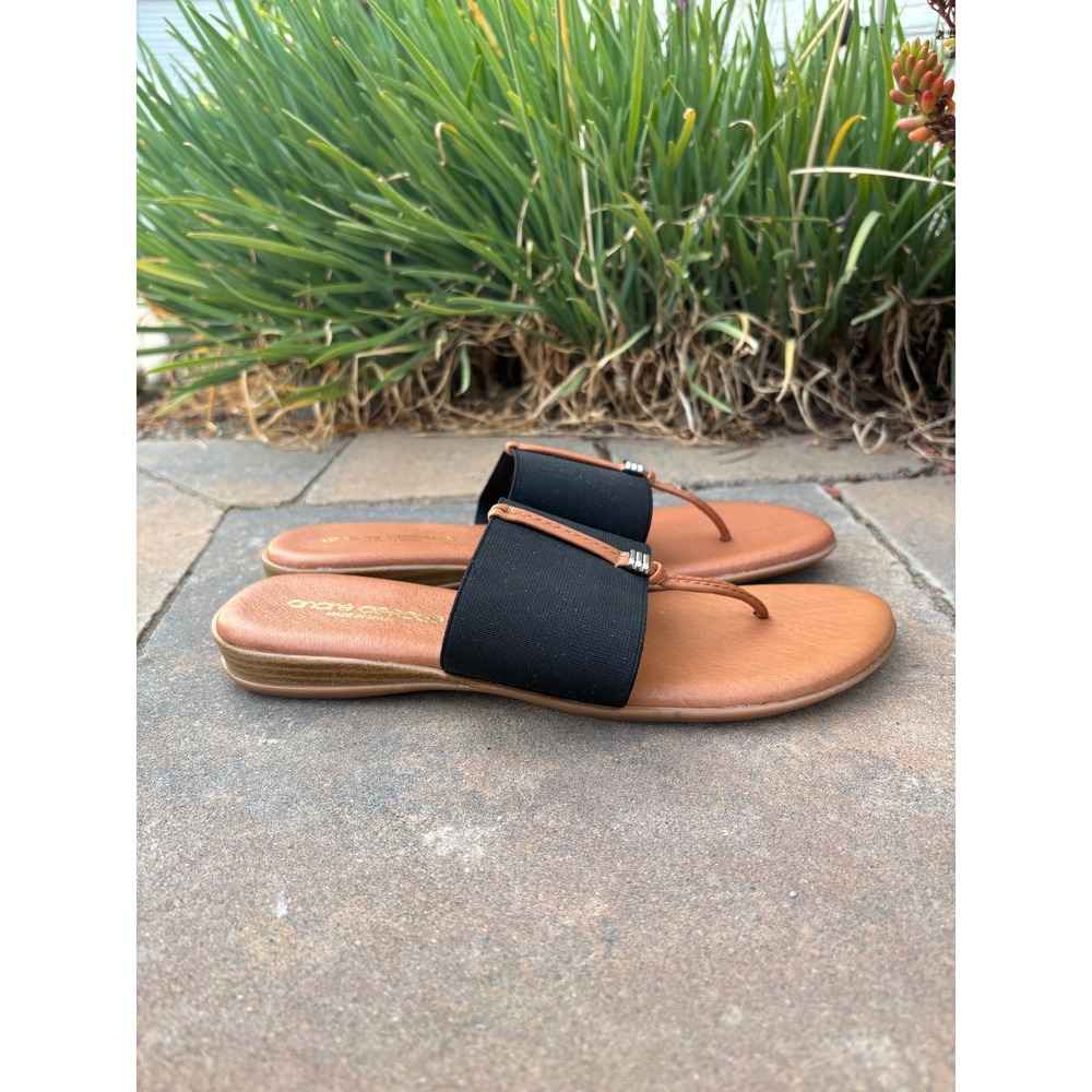 Andre Assous Womens Elastic Thong Slide Sandals Black Tan Made in Spain Size 9 - Picture 2 of 7